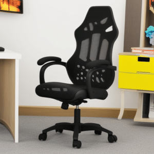 A black ergonomic chair inside a gaming room