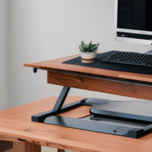 A close up look at the monitor riser on top of a standing desk