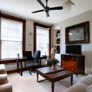 A living room with a work space desk