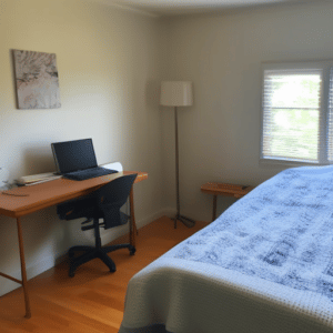 A work desk inside a bedroom