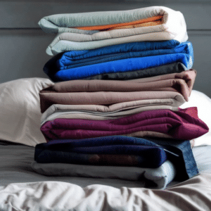 Folded weighted blankets stacked on bed