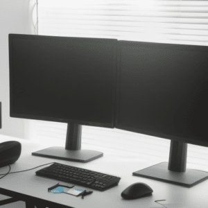 Two monitors on a work desk