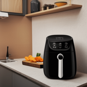 a black air fryer on the kitchen tabletop