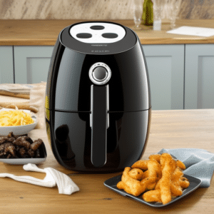 a plate of air-fried chickens and an air fryer