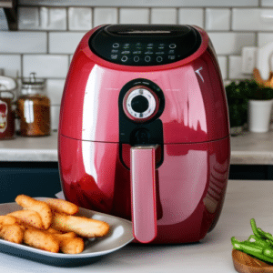a red air fryer and some chunks of chickens
