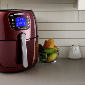 a red air fryer on the countertop