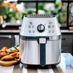 a silver air fryer on the kitchen tabletop