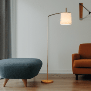 a small floor lamp with a golden stand