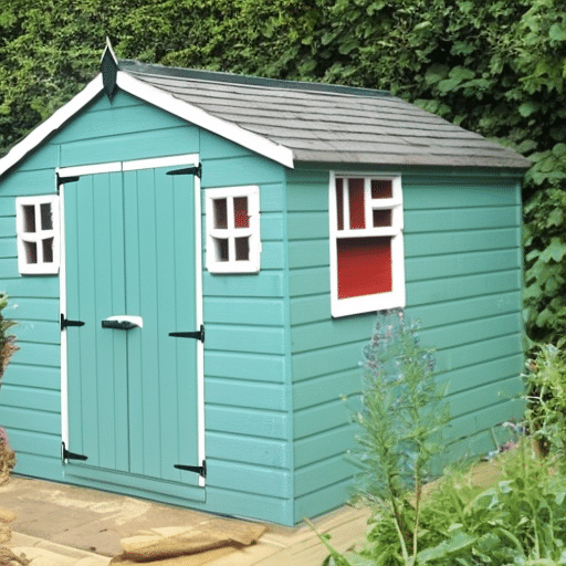 A garden shed painted with blue green colours