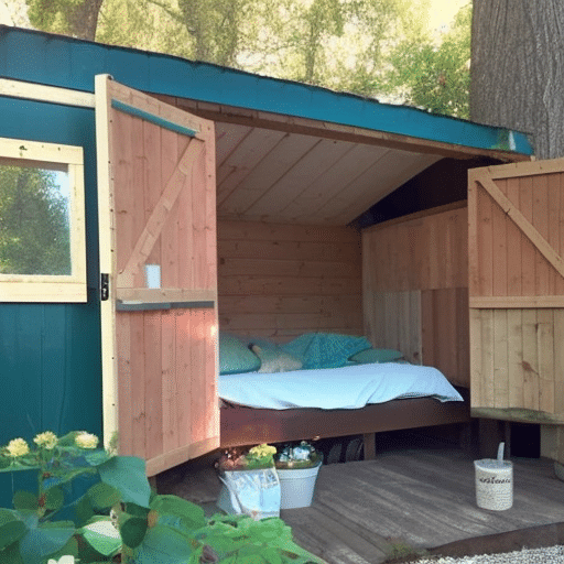 A garden shed with makeshift bed