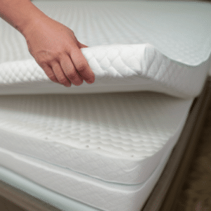 A hand holding a thick mattress topper