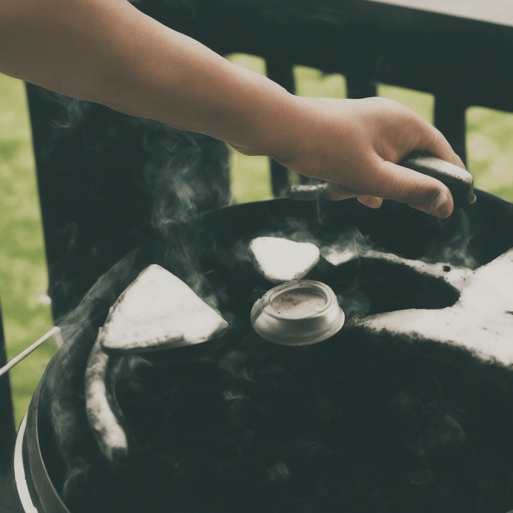 A man covering the charcoal grill with its lid