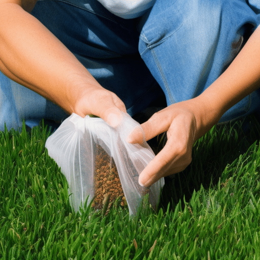 A man holding a plastic bag full of lawn feeds