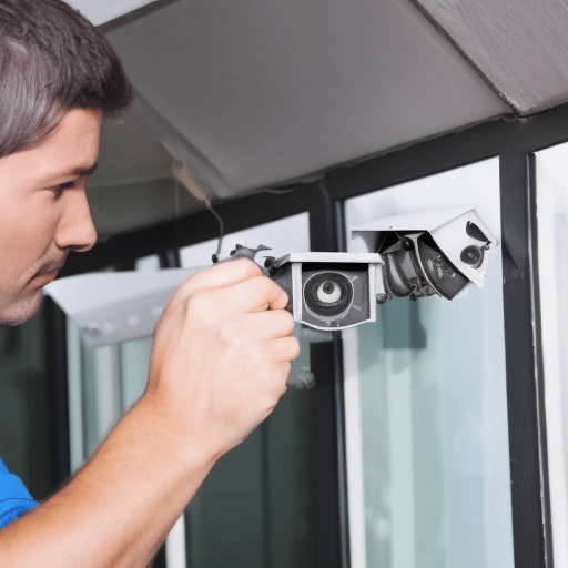 A repair man checking a CCTV camera