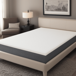 A thick mattress topper on top of a gray mattress