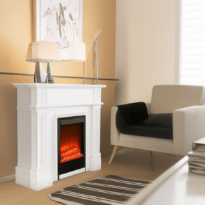 An electric fireplace in a cosy living room