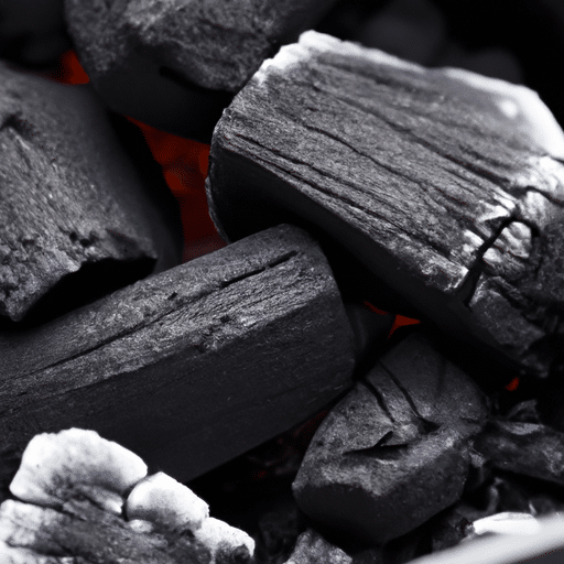 Close up look at used charcoal pieces inside a BBQ grill