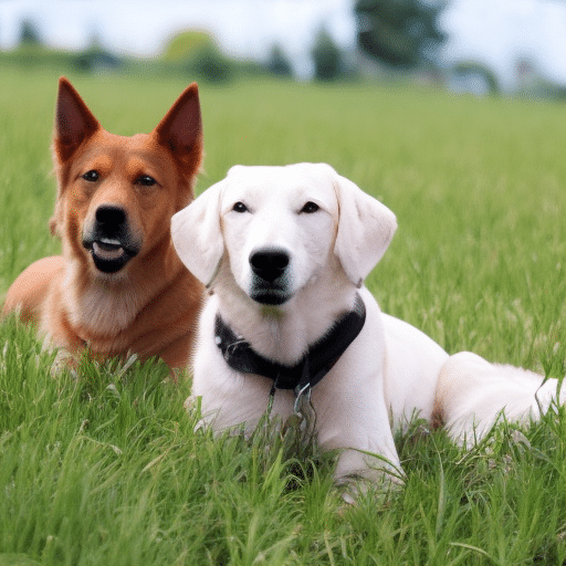 Dogs sitting at the grass field