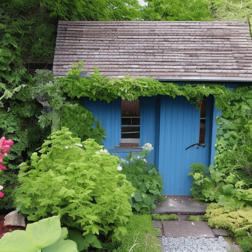 Garden shed hidden by ground plants