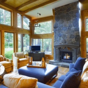 Living room with a stone fireplace in the center