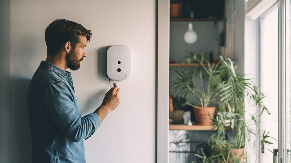 Man testing wireless doorbell at home