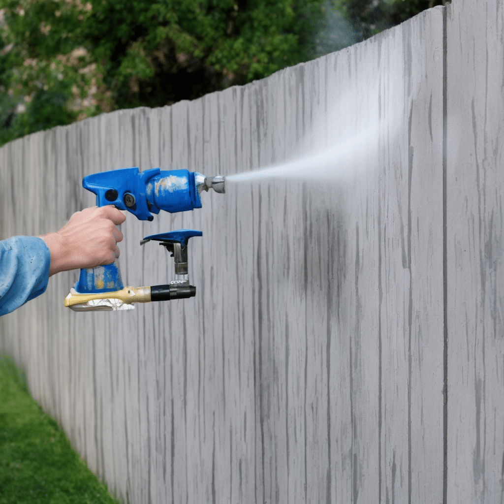 Spraying paint on wooden fence