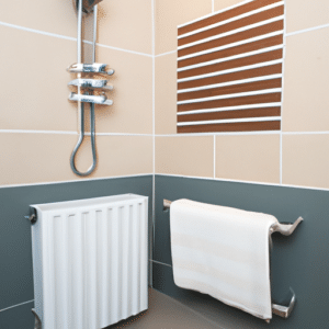 a bathroom heater and a white towel