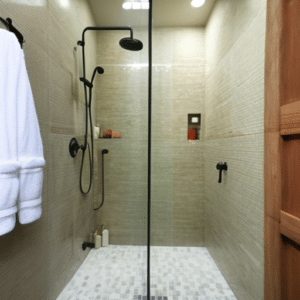 a bathroom with a black shower system