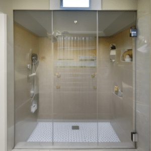 a bathroom with a glass door