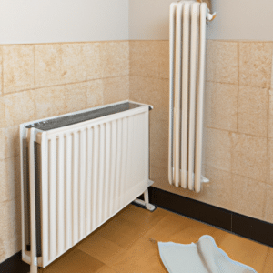 a bathroom with a white heater