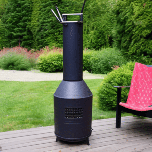 a chiminea on the wooden deck