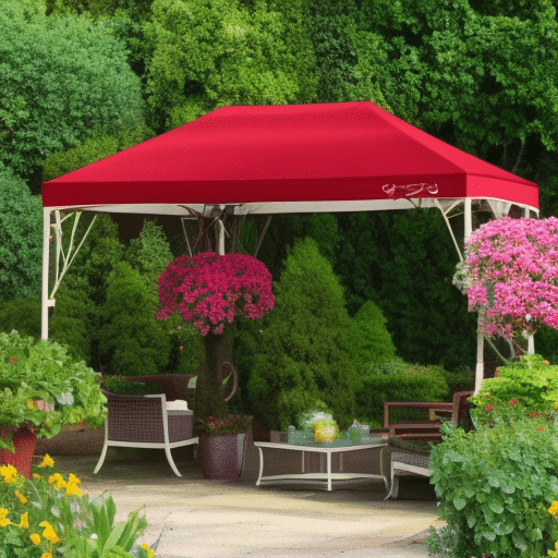 a gazebo with a red canopy