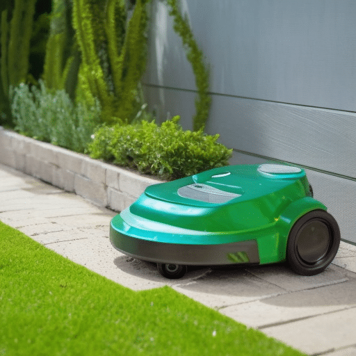 a green device for mowing grass on the paving slabs