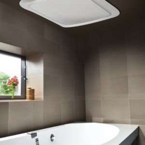 a luxury bathroom with a big vent fan