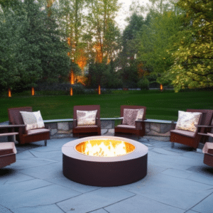 a magnificent fire pit with some chairs around it