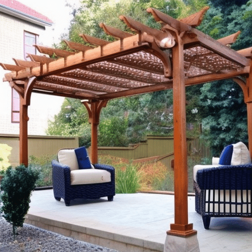 a pergola with bright-coloured sofas