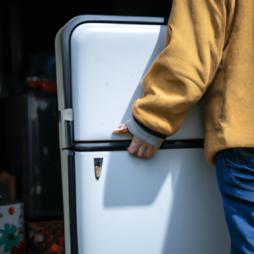 a person carrying an old appliance
