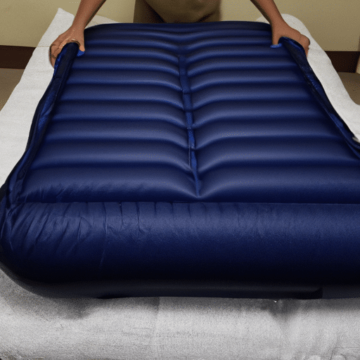 a person holding a blue air bed