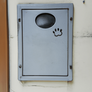 a vintage cat flap on wood door
