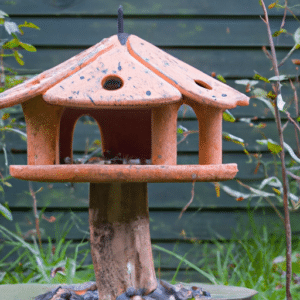 an orange bird table in the garden