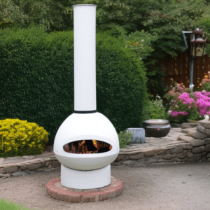 burning woods in a white chiminea