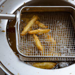 filtering the hot oil from the fried chicken