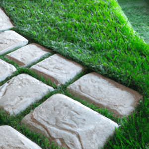 synthetic grass with paving stones