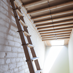 using a wooden ladder to climb to the roof