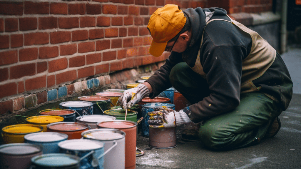 A man holding a paintbrush and testing various colors of masonry paint on a brick wall