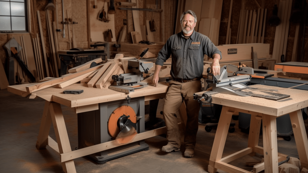 A man standing in a garage surrounded by various table saws