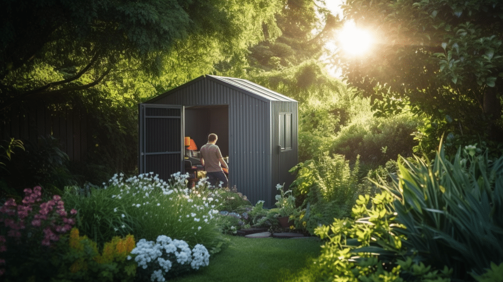 A man standing inside a garden shed, testing its durability and construction