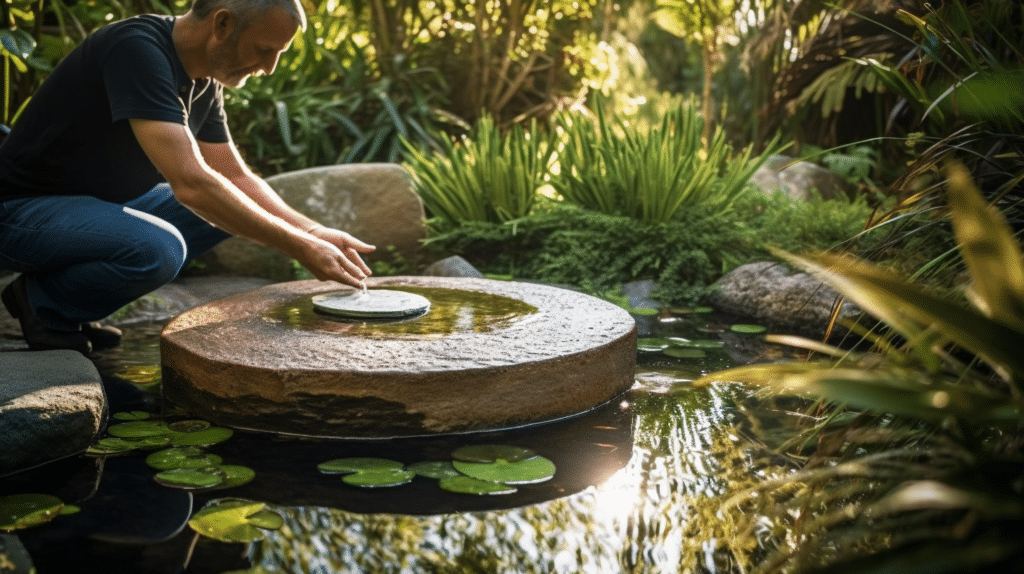 A man testing the solar water feature in his garden