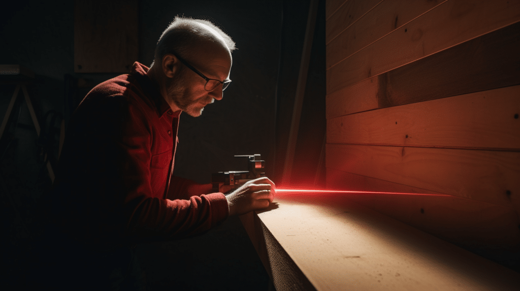 A man wearing holding a laser measure up to a wall to test its accuracy