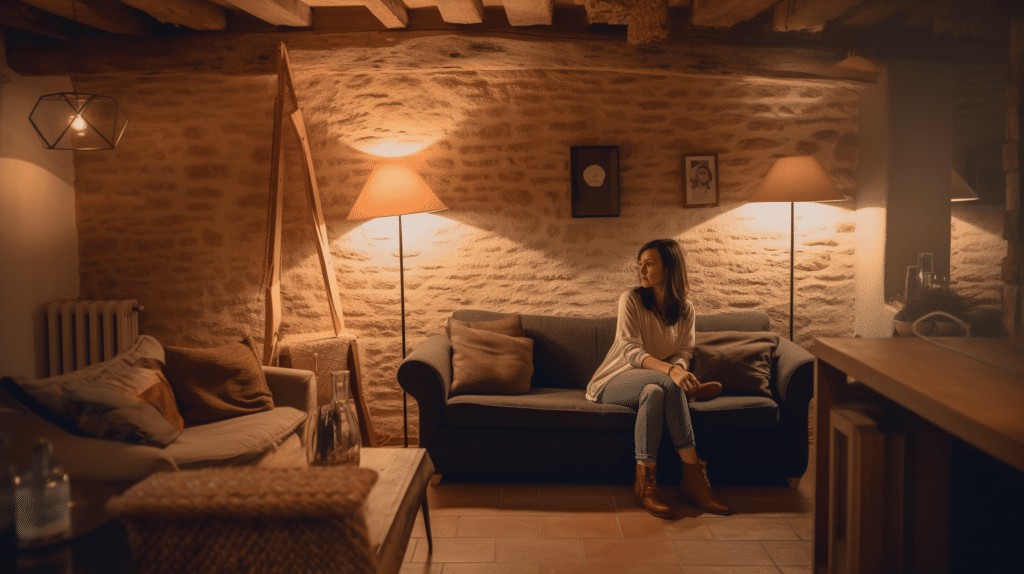 A woman sits on a sofa and tests a floor lamp